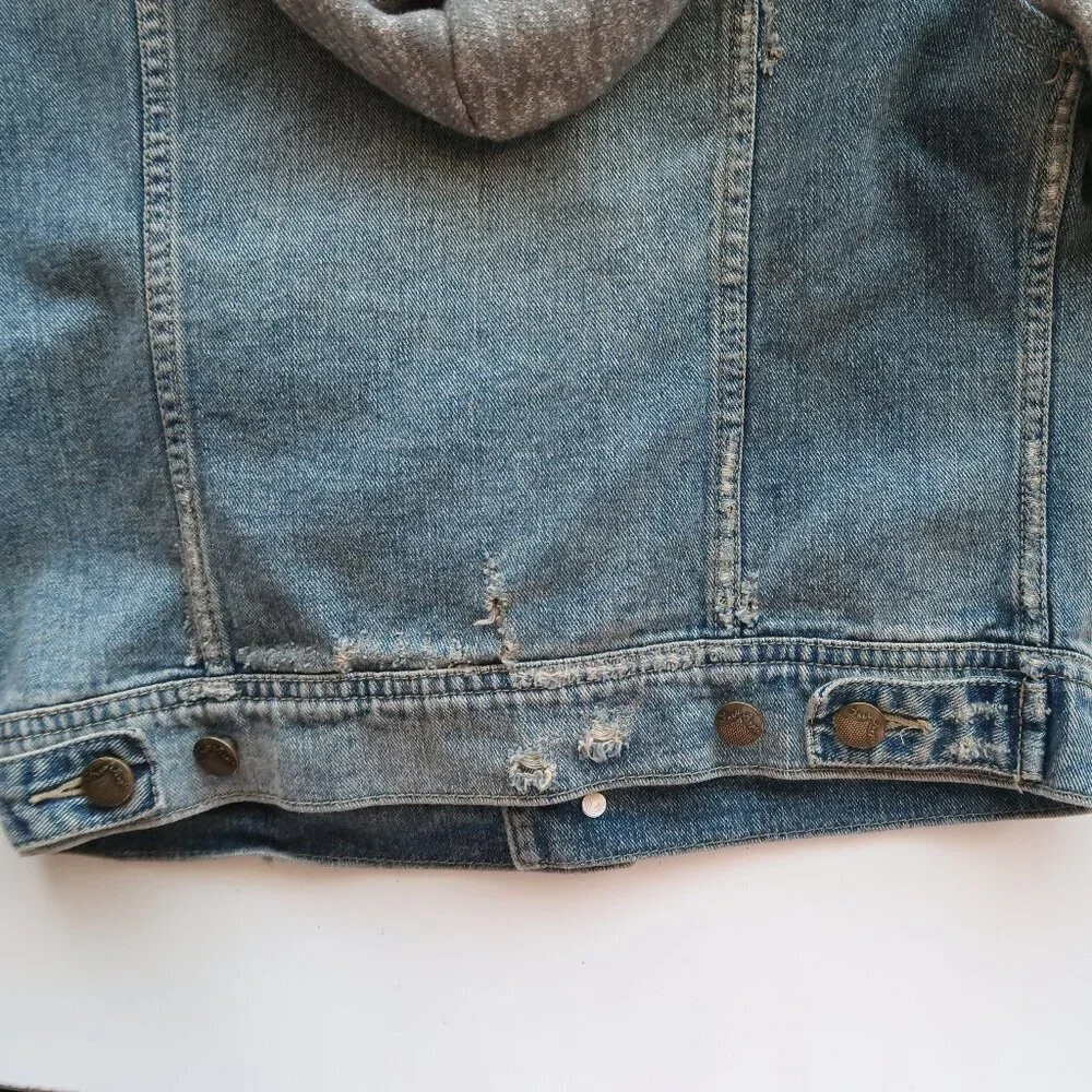 Free People Blue Denim Jean Heather Gray Knit Long Sleeve Hooded Jacket Size XS - Picture 11 of 12